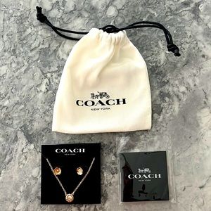 NWT COACH Rose Gold Open Circle Stone Necklace and Flower Earring Set